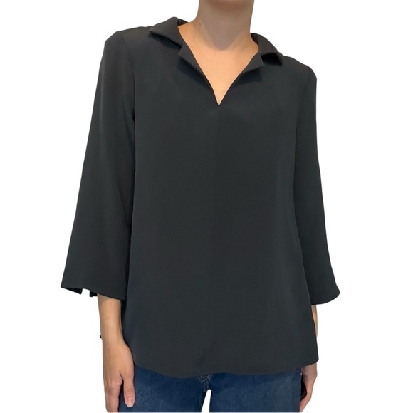 Nina Mclemore Shirt Blouse 100% Silk Dark Blue Minimalist Work Size 4 Small - Picture 1 of 6